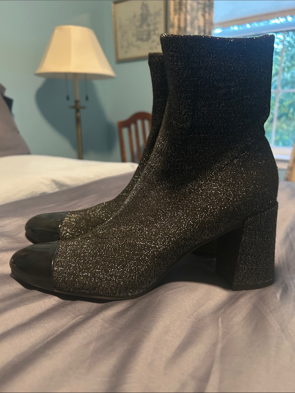Isaac Mizrahi Women's Black Glitter Block Heel Ankle Boots. 2 1/2 inch heel.